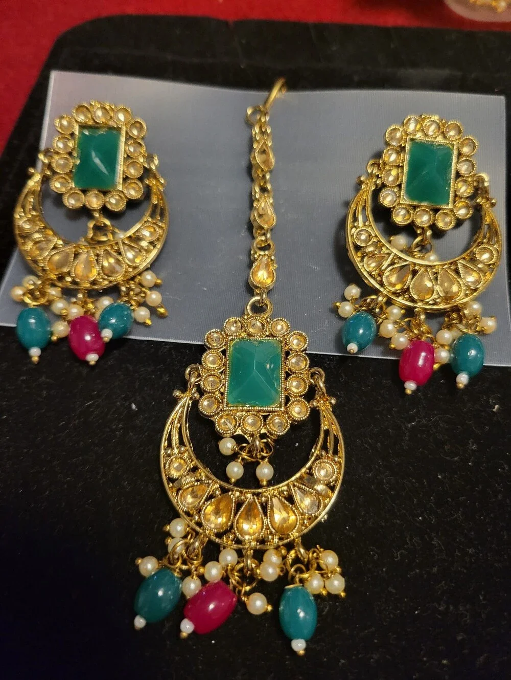 Gold-tone Green Stone Kundan-style Earrings and Maang Tikka Set